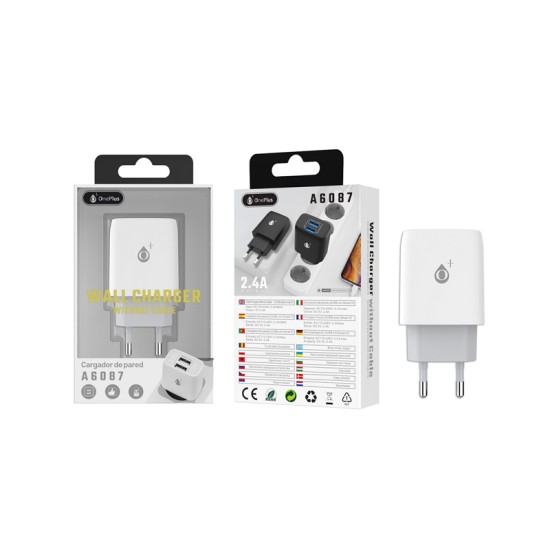 ADAPTADOR DE CARREGADOR ONEPLUS A6087 BL COM 2 PORTAS USB DE RECONHECIMENTO INTELIGENTE 2.4A BRANCO